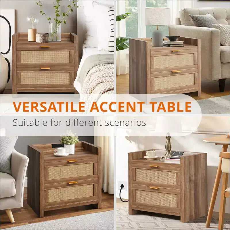 Ensemble de 2 tables de chevet, Tables de chevet modernes, Tables de nuit avec 2 tiroirs en rotin PE, Tables de chevet en rotin pour chambre à coucher et salon