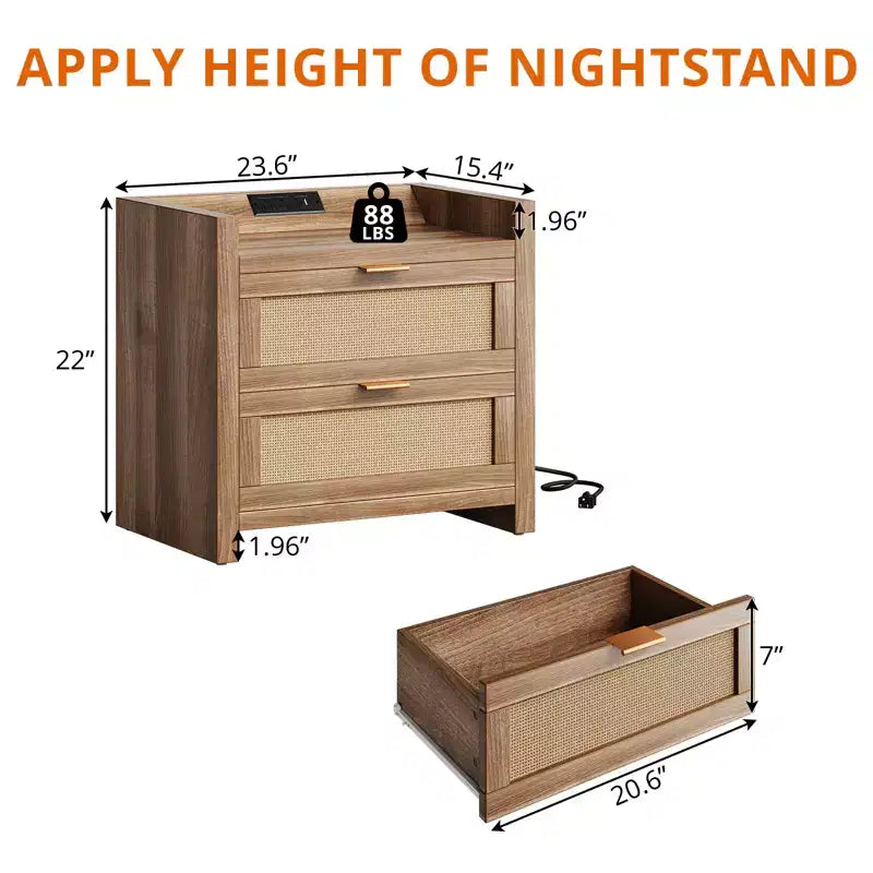 Ensemble de 2 tables de chevet, Tables de chevet modernes, Tables de nuit avec 2 tiroirs en rotin PE, Tables de chevet en rotin pour chambre à coucher et salon