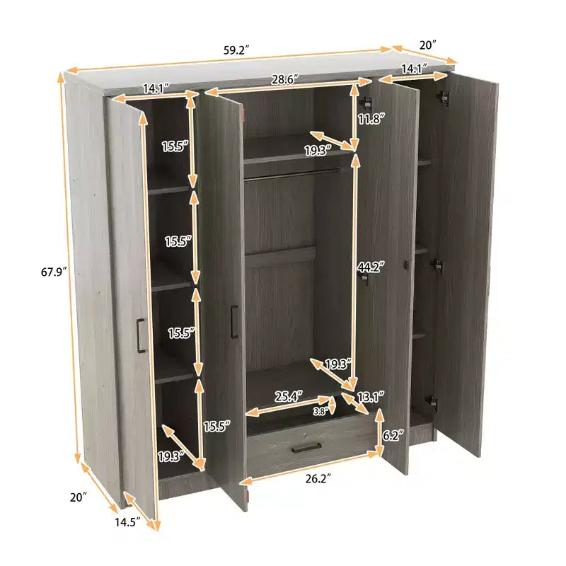 Armoire penderie 4 portes Whisen Wood avec tringle, 1 tiroir et étagères de rangement