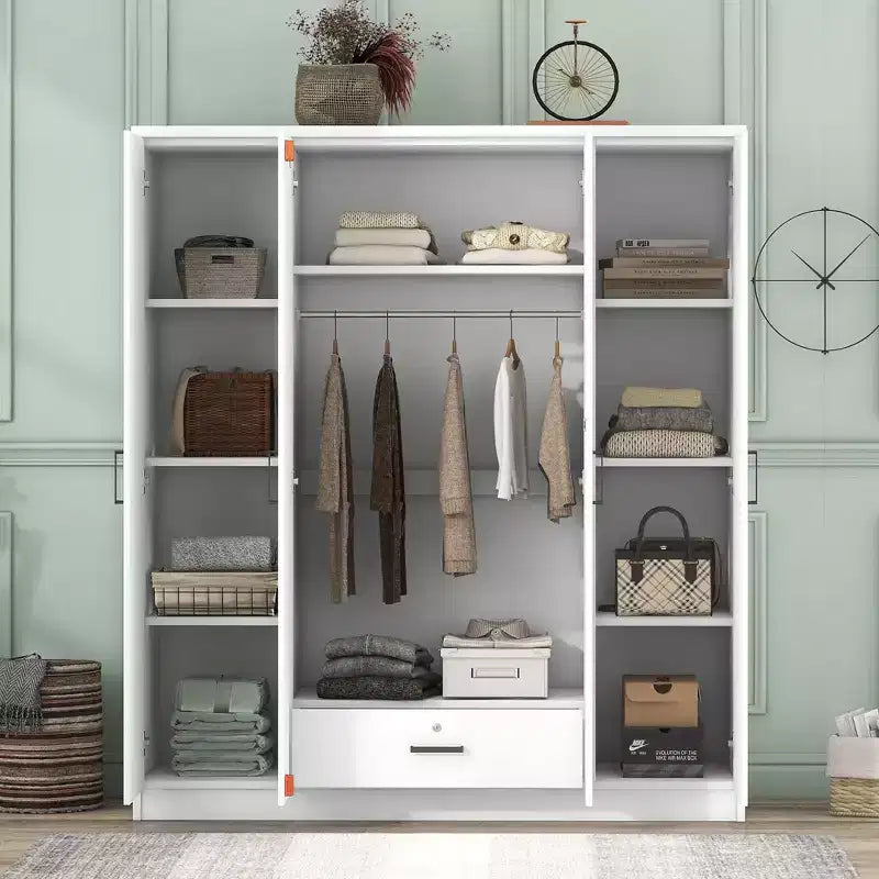 Armoire penderie 4 portes Whisen Wood avec tringle, 1 tiroir et étagères de rangement