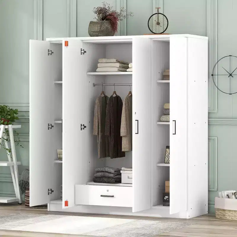 Armoire penderie 4 portes Whisen Wood avec tringle, 1 tiroir et étagères de rangement