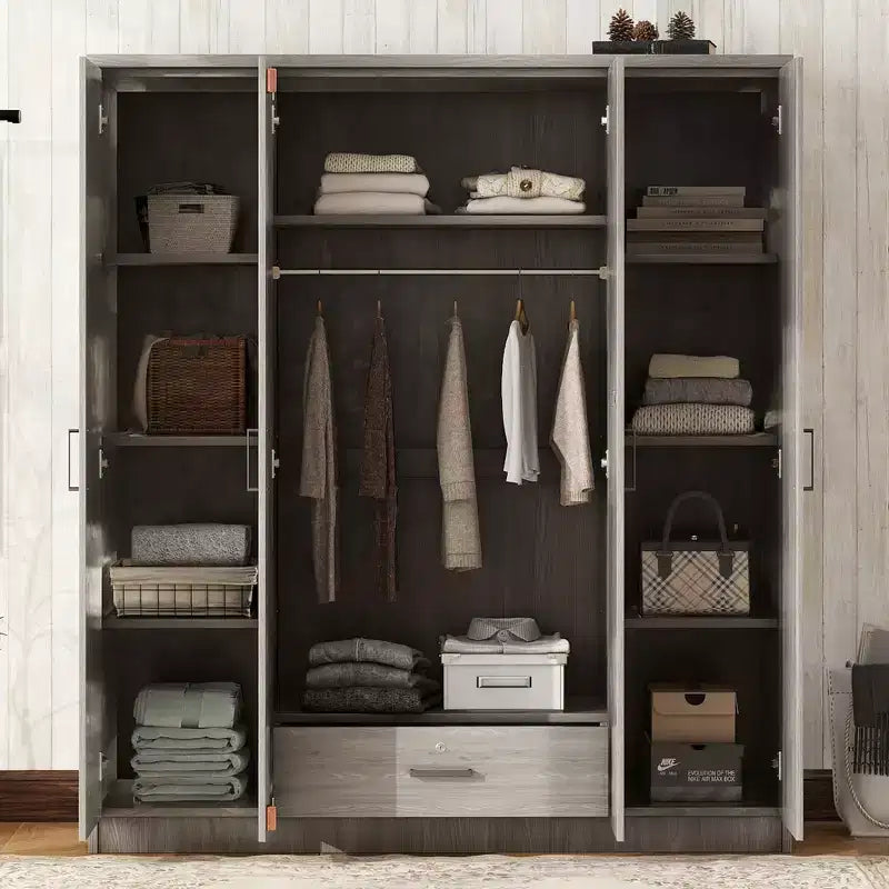 Armoire penderie 4 portes Whisen Wood avec tringle, 1 tiroir et étagères de rangement