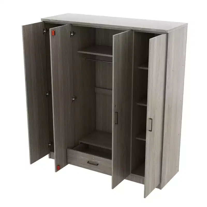 Armoire penderie 4 portes Whisen Wood avec tringle, 1 tiroir et étagères de rangement