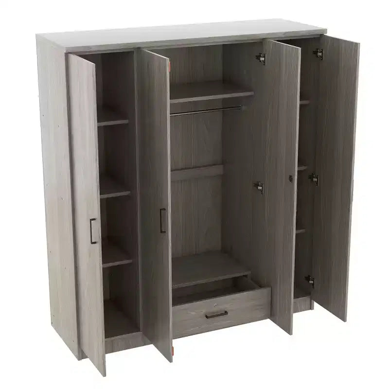 Armoire penderie 4 portes Whisen Wood avec tringle, 1 tiroir et étagères de rangement