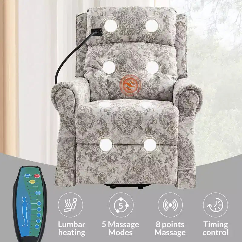 Fauteuil inclinable électrique Lori Lift Assist avec massage, chaleur et appui-tête manuel | ART OF LIVING DESIGNS