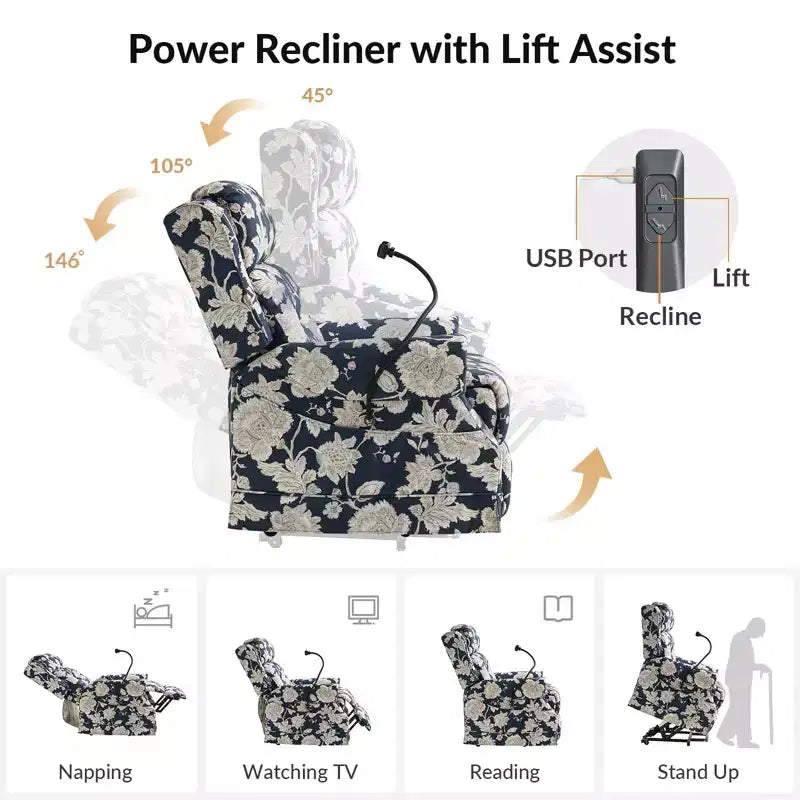 Fauteuil inclinable électrique Lori Lift Assist avec massage, chaleur et appui-tête manuel | ART OF LIVING DESIGNS