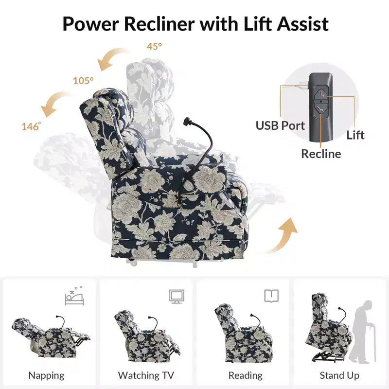 Fauteuil inclinable électrique Lori Lift Assist avec massage, chaleur et appui-tête manuel | ART OF LIVING DESIGNS