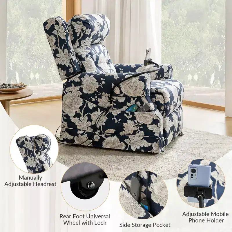 Fauteuil inclinable électrique Lori Lift Assist avec massage, chaleur et appui-tête manuel | ART OF LIVING DESIGNS