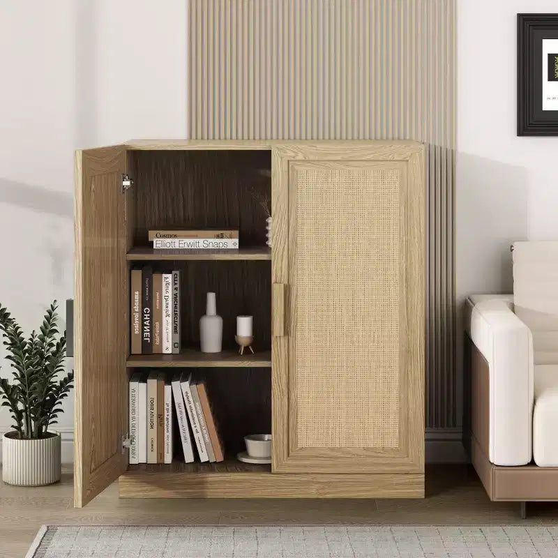 PexFix 36x31x16 Meuble d'appoint en rotin et bois avec étagère réglable Meuble de rangement Naturel