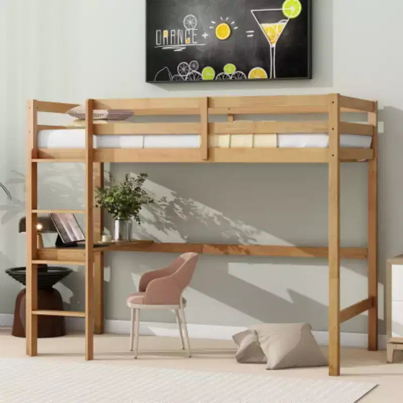 Elevated Twin Loft Bed Crafted from Rubberwood with Secure Guardrail and Built-in Desk