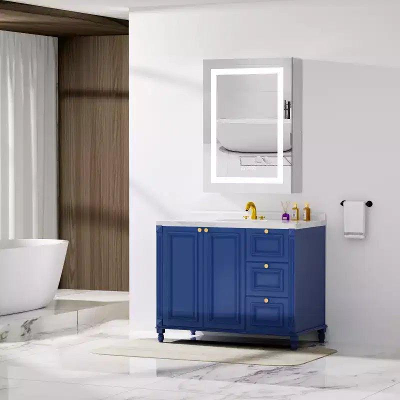 Meuble de salle de bain HBEZON avec miroirs et lumières, armoire murale éclairée, anti-buée, intensité réglable, aluminium, argent