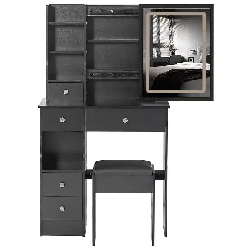 Coiffeuse de bureau avec petit tiroir gauche + tabouret rembourré, grand miroir coulissant