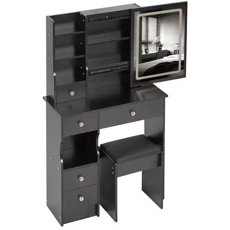 Coiffeuse de bureau avec petit tiroir gauche + tabouret rembourré, grand miroir coulissant