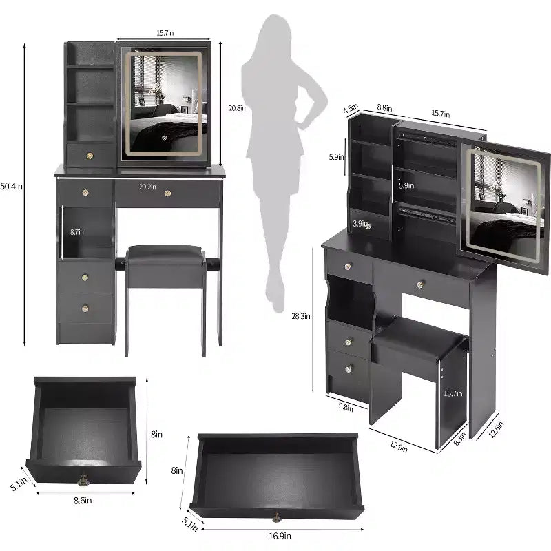 Coiffeuse de bureau avec petit tiroir gauche + tabouret rembourré, grand miroir coulissant