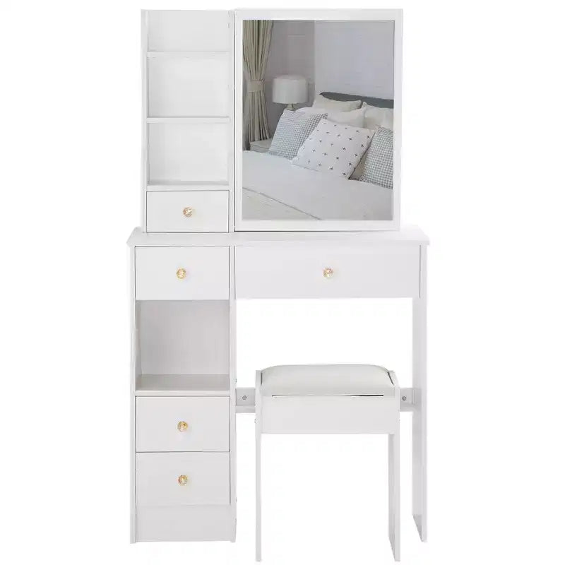 Coiffeuse de bureau avec petit tiroir gauche + tabouret rembourré, grand miroir coulissant
