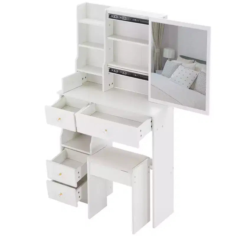 Coiffeuse de bureau avec petit tiroir gauche + tabouret rembourré, grand miroir coulissant
