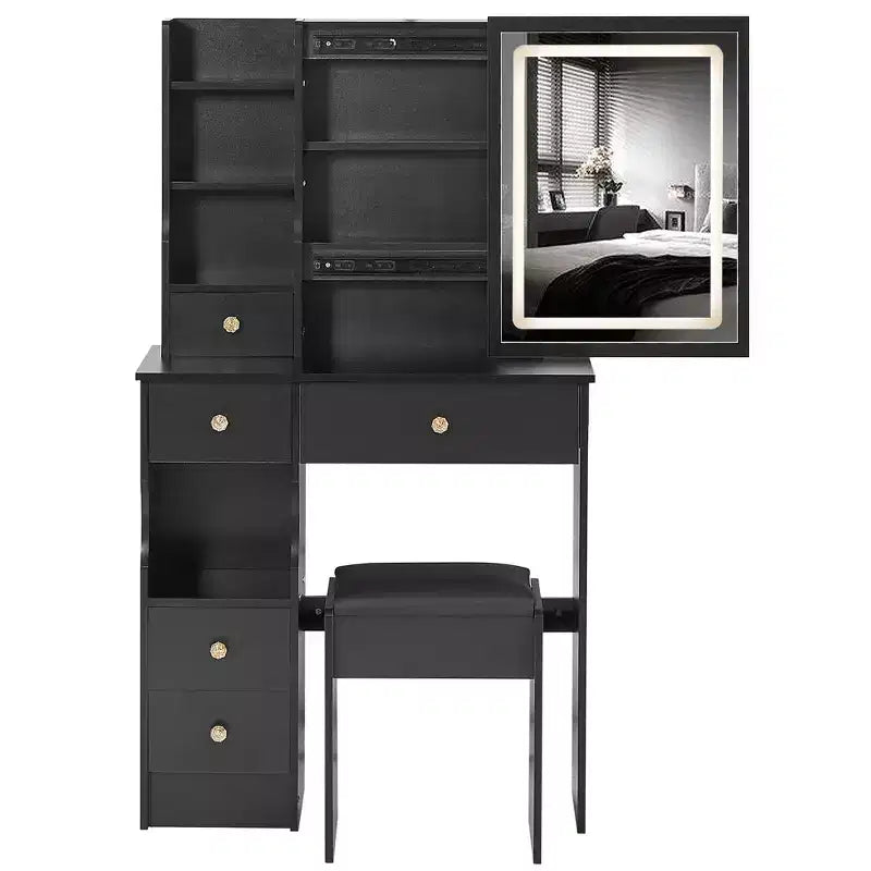 Coiffeuse de bureau avec petit tiroir gauche + tabouret rembourré, grand miroir coulissant