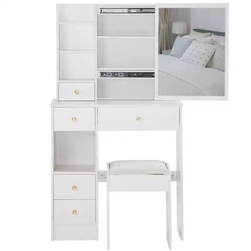 Small Size Left Drawer Desktop Dressing Dressing Table + Cushioned Stool, Extra Large Sliding Mirror