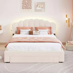 Lit plateforme capitonné Queen-Size en polaire Teddy avec compartiment de rangement