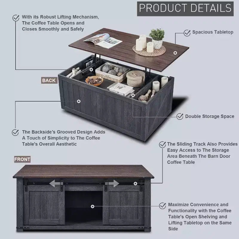 Table basse de ferme 48 po avec dessus relevable et porte de grange coulissante, table basse pour salon