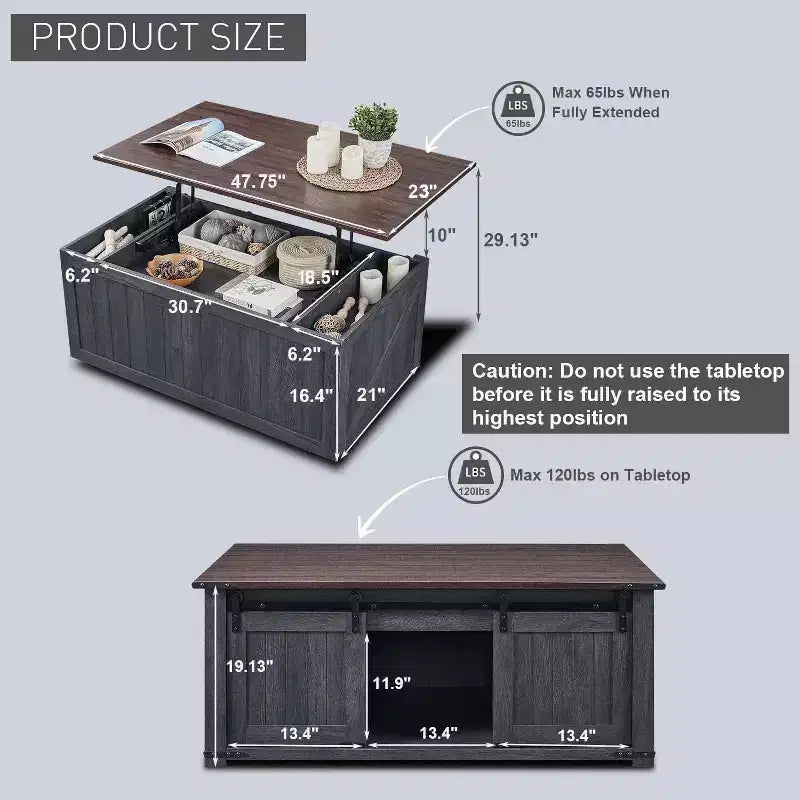Table basse de ferme 48 po avec dessus relevable et porte de grange coulissante, table basse pour salon