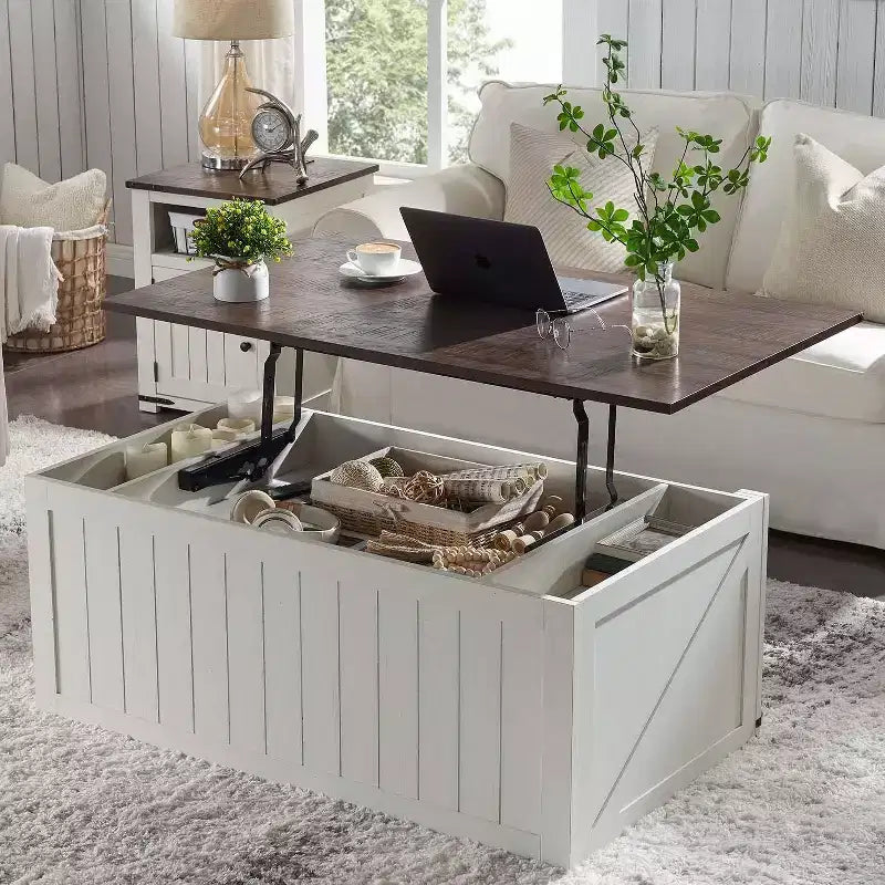 Table basse de ferme 48 po avec dessus relevable et porte de grange coulissante, table basse pour salon