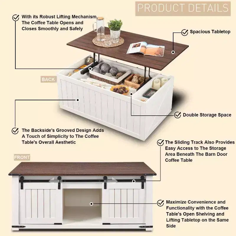 Table basse de ferme 48 po avec dessus relevable et porte de grange coulissante, table basse pour salon