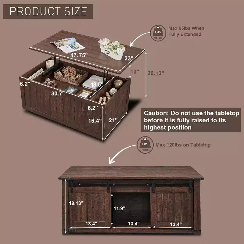 Table basse de ferme 48 po avec dessus relevable et porte de grange coulissante, table basse pour salon