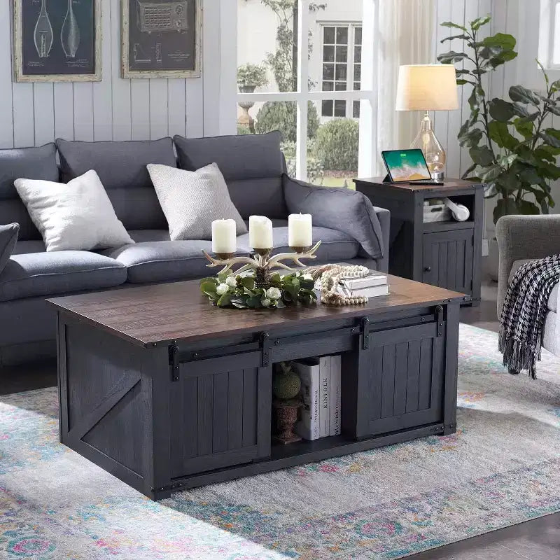 Table basse de ferme 48 po avec dessus relevable et porte de grange coulissante, table basse pour salon
