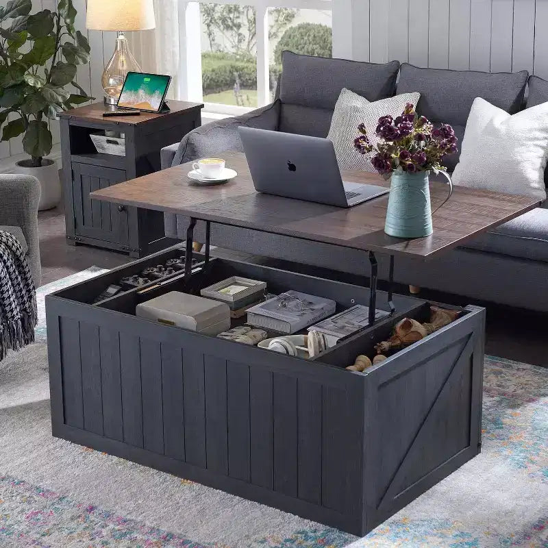 Table basse de ferme 48 po avec dessus relevable et porte de grange coulissante, table basse pour salon