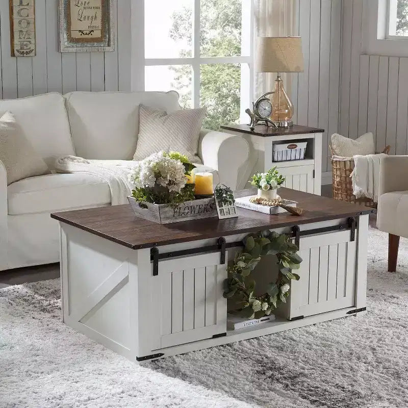 Table basse de ferme 48 po avec dessus relevable et porte de grange coulissante, table basse pour salon