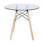 Ensemble de salle à manger 3 pièces Dover de LeisureMod – Table de bistrot ronde en verre transparent de 31 po avec 2 chaises en acrylique avec pieds en bois, cuisine et salle à manger modernes