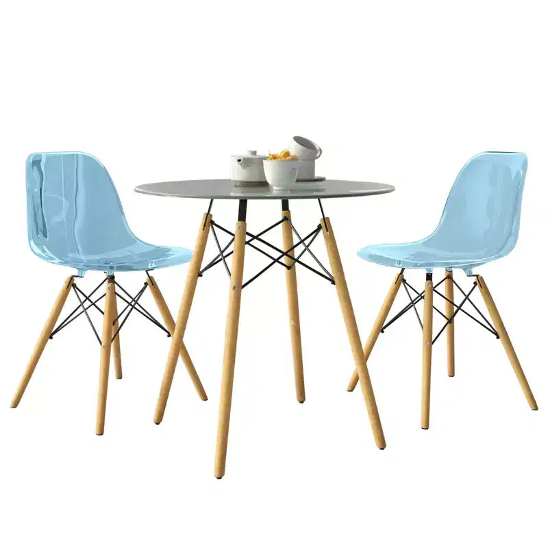 Ensemble de salle à manger 3 pièces Dover de LeisureMod – Table de bistrot ronde en verre transparent de 31 po avec 2 chaises en acrylique avec pieds en bois, cuisine et salle à manger modernes