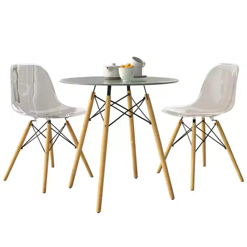 Ensemble de salle à manger 3 pièces Dover de LeisureMod – Table de bistrot ronde en verre transparent de 31 po avec 2 chaises en acrylique avec pieds en bois, cuisine et salle à manger modernes