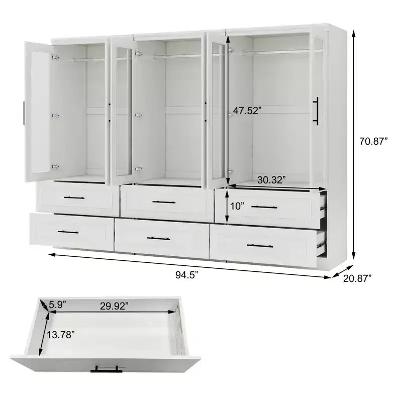 Armoire Keloyid en bois blanc de 240 cm avec 6 tiroirs et 6 portes