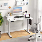 Bureau électrique assis-debout Costway 48x24 avec 2 tiroirs, support d'écran et étagère de rangement Marron/Noir/Blanc