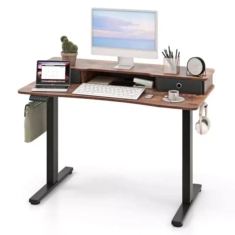 Bureau électrique assis-debout Costway 48x24 avec 2 tiroirs, support d'écran et étagère de rangement Marron/Noir/Blanc