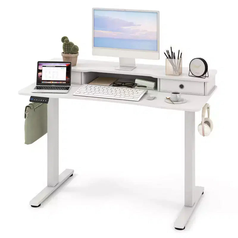Bureau électrique assis-debout Costway 48x24 avec 2 tiroirs, support d'écran et étagère de rangement Marron/Noir/Blanc