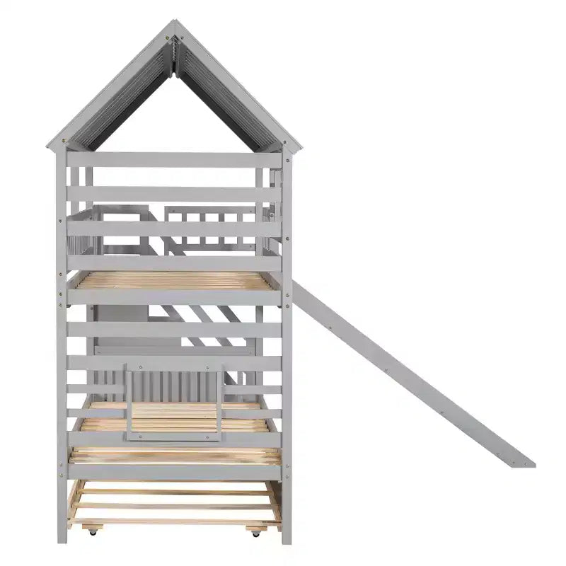 Lit superposé jumeau sur jumeau Whisen avec lit gigogne et toboggan, escalier de rangement, toit et design de fenêtre