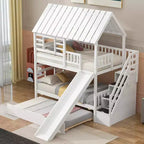 Lit superposé jumeau sur jumeau Whisen avec lit gigogne et toboggan, escalier de rangement, toit et design de fenêtre