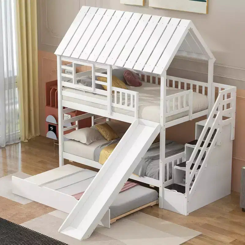 Lit superposé jumeau sur jumeau Whisen avec lit gigogne et toboggan, escalier de rangement, toit et design de fenêtre