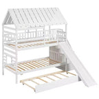 Lit superposé jumeau sur jumeau Whisen avec lit gigogne et toboggan, escalier de rangement, toit et design de fenêtre