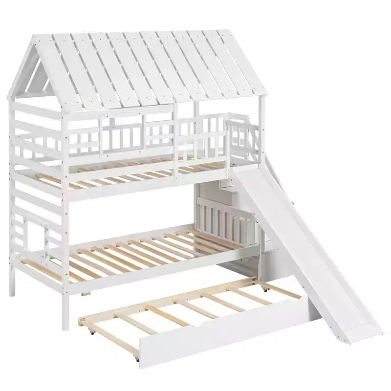 Lit superposé jumeau sur jumeau Whisen avec lit gigogne et toboggan, escalier de rangement, toit et design de fenêtre