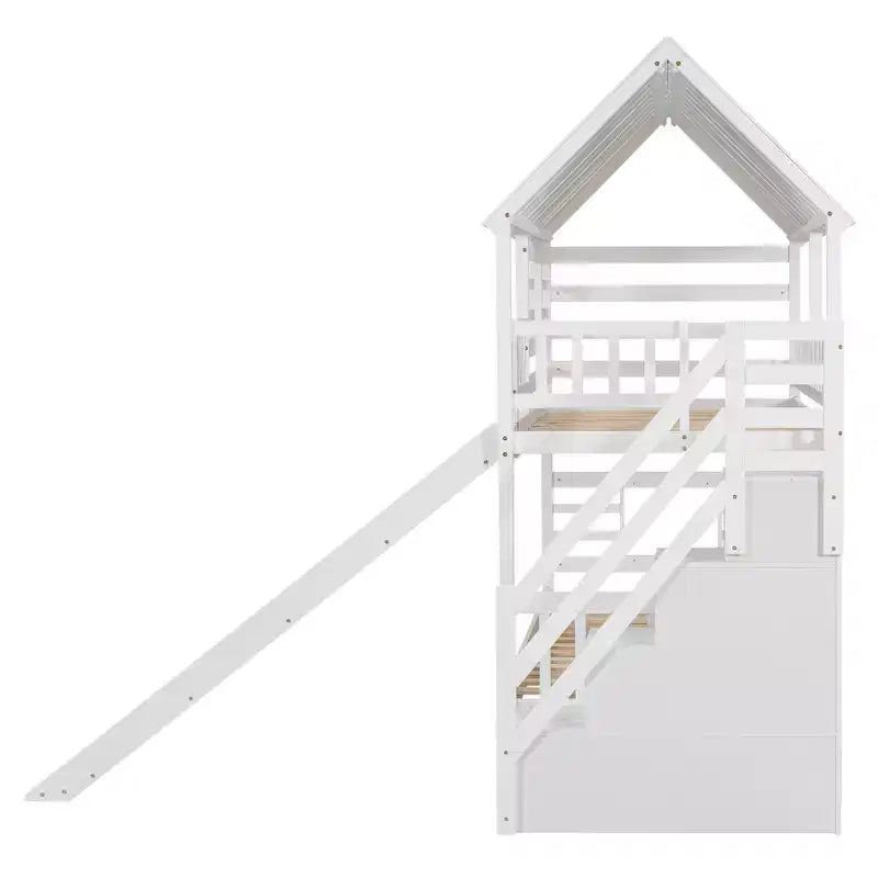 Lit superposé jumeau sur jumeau Whisen avec lit gigogne et toboggan, escalier de rangement, toit et design de fenêtre