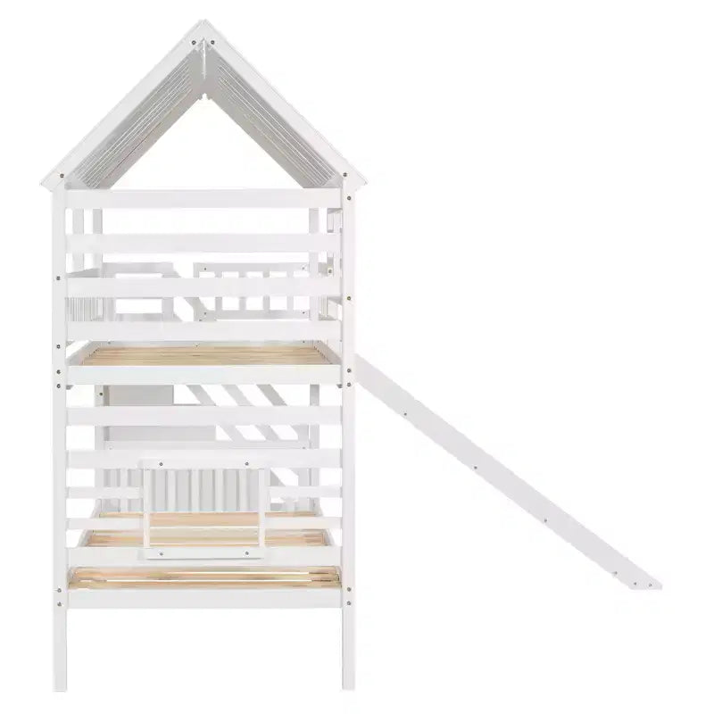 Lit superposé jumeau sur jumeau Whisen avec lit gigogne et toboggan, escalier de rangement, toit et design de fenêtre