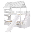 Lit superposé jumeau sur jumeau Whisen avec lit gigogne et toboggan, escalier de rangement, toit et design de fenêtre