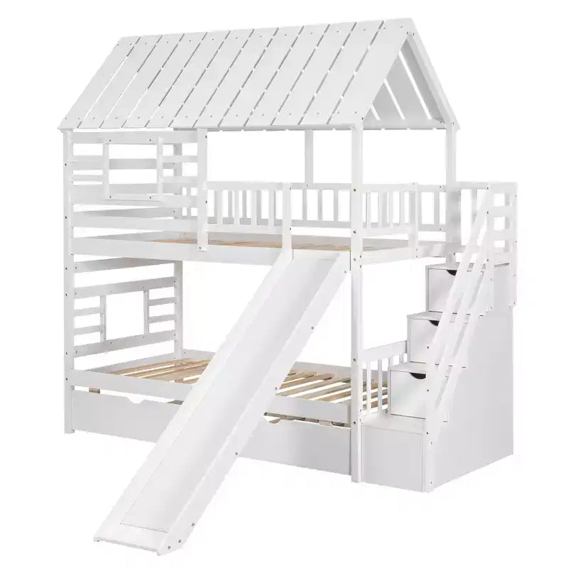 Lit superposé jumeau sur jumeau Whisen avec lit gigogne et toboggan, escalier de rangement, toit et design de fenêtre