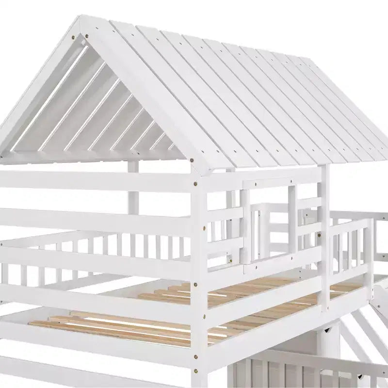 Lit superposé jumeau sur jumeau Whisen avec lit gigogne et toboggan, escalier de rangement, toit et design de fenêtre
