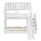 Lit superposé jumeau sur jumeau Whisen avec lit gigogne et toboggan, escalier de rangement, toit et design de fenêtre