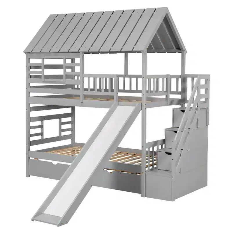 Lit superposé jumeau sur jumeau Whisen avec lit gigogne et toboggan, escalier de rangement, toit et design de fenêtre
